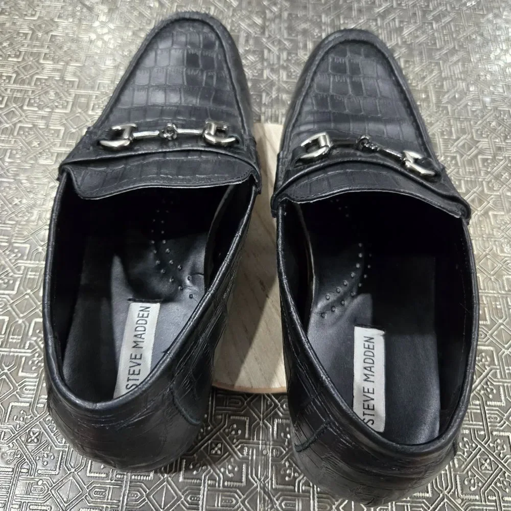 🐢 Steve Madden P-Donnel Black Croc Embossed Men's Leather Loafer - Size 10.5